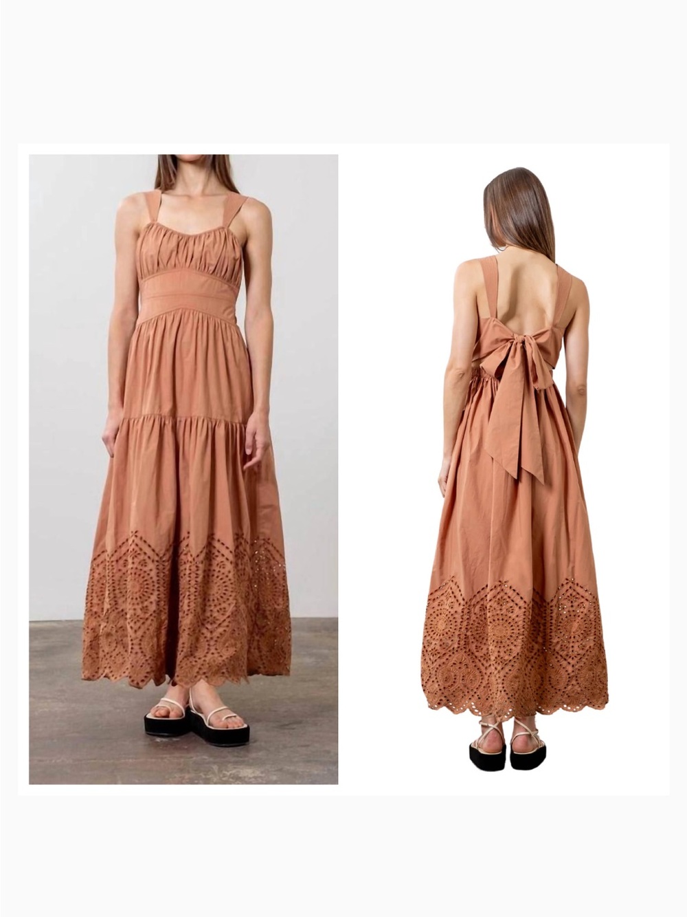 Moon River | Women's Brown Tiered Eyelet Back Bow Dress Size S